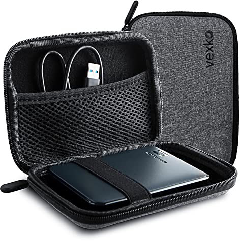 Vexko External Hard Drive Portable Carrying Case 6 with Inner Pocket - Slim, Compact, Attractive Gray Fabric with Zipper. Padded Protection, Lightweight, Durable (Grey)