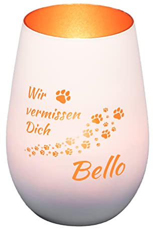 Windlicht aus Glas graviert mit Wunschnamen für Haustier | Hund | Andenken | personalisiert | Trauergeschenk | Teelichtglas | Teelichthalter | Grablicht (Hund, Weiß/Kupfer)