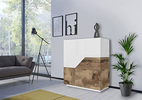 Dmora - Kommode Nathan, Küchen-Sideboard mit 2 Türen, Wohnzimmer-Buffet, 100 % Made in Italy, 100 x 43 x 106 cm, glänzendes Weiß und Ahorn,