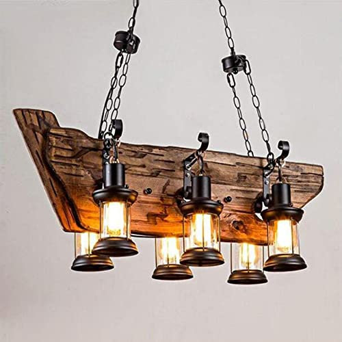 Pendelleuchte Vintage Kronleuchter Holz Pendellampe Retro Industrial Hängelampe Höhenverstellbar E27 Hängeleuchte Schwarz Metall Deckenlampe Für Esszimmer Wohnzimmer Küche Bar Café 6-flammig