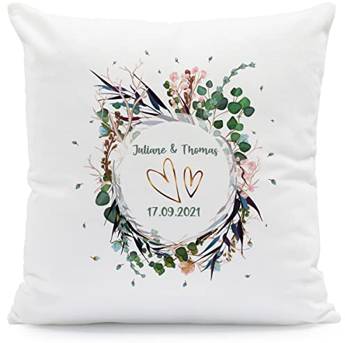 GRAVURZEILE Kissen mit Motiv - Flower Wedding - Personalisiert mit Namen & Datum - Herzliches Geschenk zur Hochzeit - Geschenk für Sie & Ihn zur Verlobung Valentinstag - Größe mit Füllung