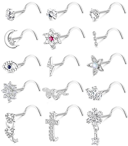 ADRAMATA 15 Pcs 20G Nose Stud Nose Ring for Women Men Surgical Steel Nose Studs Piercing L/Screw Shaped Nose Stud Snake Flower Silver Gold Nose Studs Nose Piercing Jewellery
