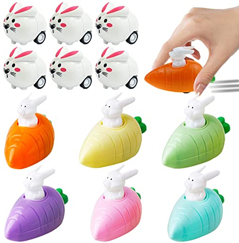 Aufziehbare Hasen mit Karotte Set, 12er Osterhasen Aufziehspielzeug, Aufziehbare Osterhasen, Ostergeschenke Kinder, Ostern Uhrwerk Spielzeug, Spielzeugauto Ostern für Jungen & Mädchen