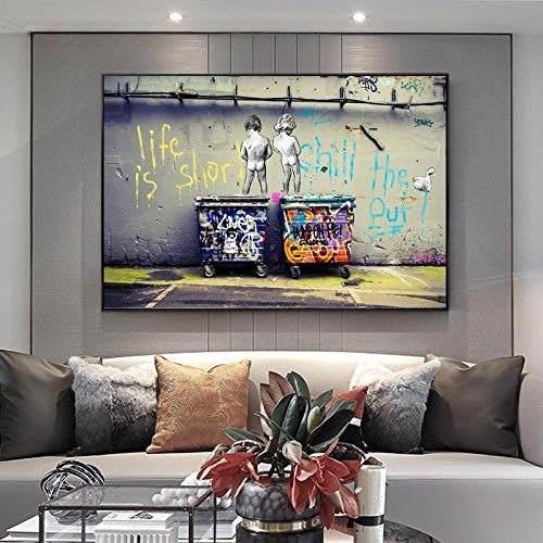 Banksy Graffiti Art Large Big Canvas Painting Life Is Short Chill The Duck Out Street Art Wall Art Wall Art for Living Room Home Decor 80x120cm(32x47in) With Frame