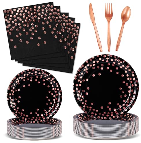 Nkaiso Party Tableware 144 Pieces Black and Rose Gold Kids Birthday Party Plates Party Supplies Set Includes Paper Plates Napkins Cutlery for Birthday Decorations Christening Wedding Shower-24 Guests