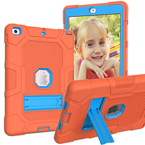 Funda para iPad 9.7 2018 con Soporte, Resistente, a Prueba de Golpes, híbrida Dura de Tres Capas, Funda Blanda para Apple Tablet, Funda de Silicona (Naranja + Azul)