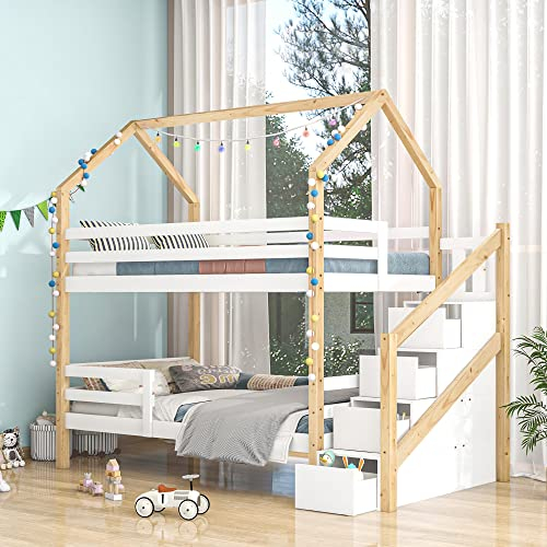 SOFTWEARY Etagenbett mit 2 Schlafgelegenheiten, Rausfallschutz, Schubladen, Gardinen und Regal, 90x200 cm, Holzbett aus Kiefer, Hausbett, Kinderbett