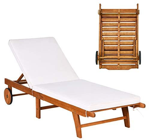 COSTWAY Gartenliege Holz, Sonnenliege verstellbare Strandliege mit Rollen und Kissen, Rückenlehne für Rasen, Garten und Terrasse