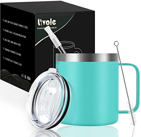 Livole Edelstahl Camping Becher, 12oz Trinkbecher mit Deckel und Strohhalm, Doppelwandig Thermotasse 350ml, Vakuum Thermobecher mit Henkel, Coffee to go Becher, Isolierter Outdoor Tasse, Türkis