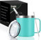 Livole Gobelet de camping en acier inoxydable - 350 ml - Avec couvercle et paille - Double paroi - Avec anse - Pour le café à emporter - Pour l'extérieur - Turquoise