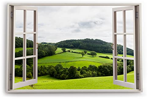 Paul Sinus Bilder Fensterblick 120x80cm Landschaft Natur Berge Hügel Grün Bäume Wiese Kunstdruck Wanddeko Wand Wohnzimmer