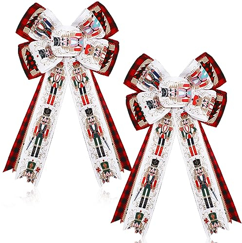 Hotop 2 Stück Weihnachten Nussknacker Schleife Kranz Schleife Xmas Kranz Sackleinen Schleife Winter Tür Wand Dekor Büffel Plaid Weihnachtsbaum Topper für Indoor Outdoor Xmas Party Dekoration, 45,7 x