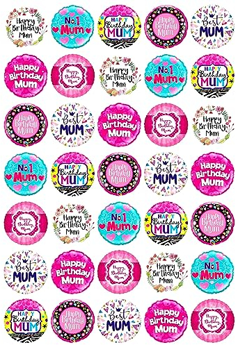 35 x Happy Birthday MUM Mix Edible Wafer Cupcake Toppers Pink Adult Birthday Party Cake Decorations