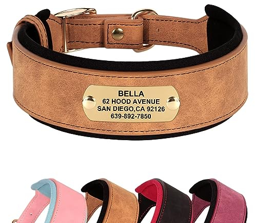 Didog Soft Padded Personalized Dog Collars, Wide Leather Dog Collar with Name Plate, Adjustable Custom Dog Collar with Metal Buckle for Medium Large Dogs, Brown XL