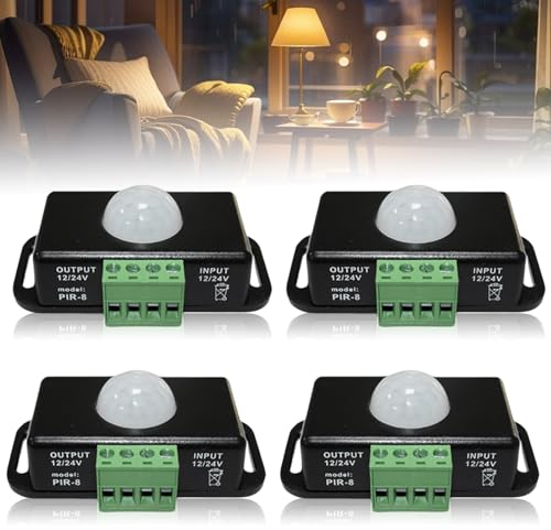Aicharynic Infrarot Bewegungssensor: 4 Stück Mini PIR Sensor Schwarz, Automatik Schalter DC 12V 24V, Für LED Streifen Leuchtmittel (Schwarz)