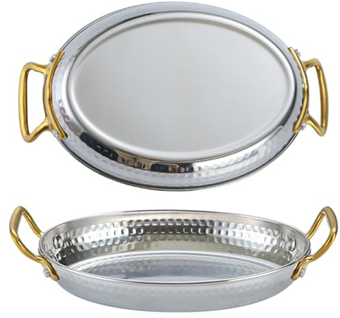 6 Tamaños Oval Paellera Española, Acero Inoxidable 304 Antiadherente Marisco Paellera Martillado A Mano Paellera Con Doble Asa Para Hogares O Restaurantes,14cm, Silver