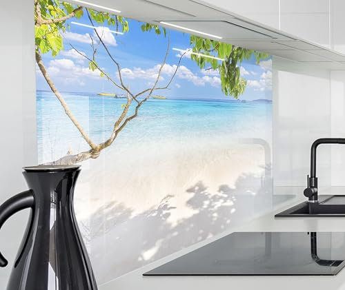 timalo Spritzschutz Wand für Herd, Küche Küchenrückwand Glasoptik | Acryl Glas 2mm | Glasrückwand Acrylglas Wandpaneele Rückwandschutz Platte | 120x80cm Traumstrand Sand Meer Thailand