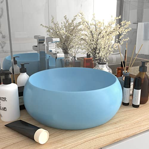 ZEYUAN Lavabo de Lujo, Lavabo sobre Encimera, Lavamanos para Baños, Lavabo Baño, Muebles De Baño, Mueble Lavabo, Redondo cerámica Azul Claro Mate 40x15 cm