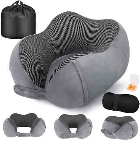 Cirorld Nackenkissen Flugzeug, Nackenhörnchen Erwachsene, Reisekissen Memory Foam, Verstellbares Kompaktes Nackenkissen Reise, Ergonomisches Weich Atmungsaktiv mit Ohrstöpseln, Augenmaske,Tragetasche