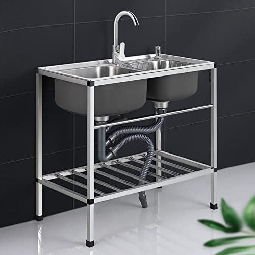 Fregadero de Cocina Comercial,Fregadero Cocina 2 Seno con Escurridor,con Grifo Frío Y Caliente para Lavandería,para Restaurante Lavandería Bar Casas de Alquiler Interior Exterior Baño de Mascotas (Si