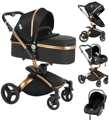 Nine point nine PU-Leder Kinderwagen 3 in 1, Kinderwagen Set mit 360° Drehbarem Cabrio-Sitz, Kombikinderwagen 3 in 1 mit Großer Bequemer Babywanne, Kinderwagen Rahmen Aluminiumlegierung (906 Black)