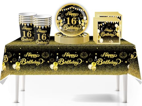 41Pcs Black Gold Happy 16th Birthday Party Tableware Set Plastic Table Cloth,Paper Plates Napkins 16th Birthday Table Decorations Disposable Tableware Kit for Boy Girl 16th Birthday Decorations