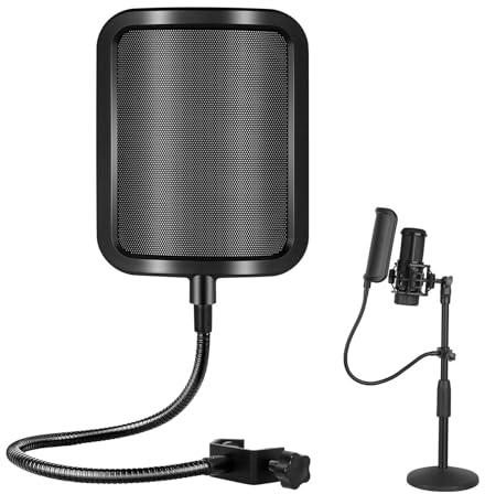 Pop Filter Microfono, Filtro Antipop Microfono, Microfono Filtro Anti Pop, Schermo Antivento a Doppio Strato per Microfono con un Braccio Stabilizzatore a Clip a Collo D'oca Flessibile a 360°