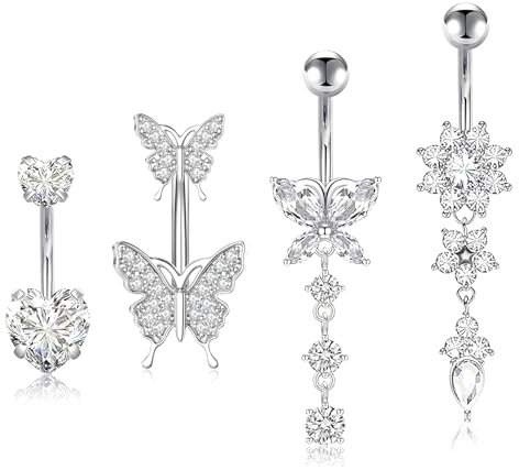 Forhandy Bauchnabelpiercing - 4 Stück Chirurgenstahl 10mm & 12mm mit Perlen & Schmetterling Design in Silber & Titan für Damen
