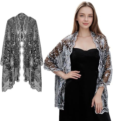 Werownsgso Damen Pailletten Umhang Schal, Stola für Abendkleid, Damen Glitzer Festlich Stole, Stola Damen Festlich für Hochzeit Abendkleider Abend Party (Schwarz &Silber)