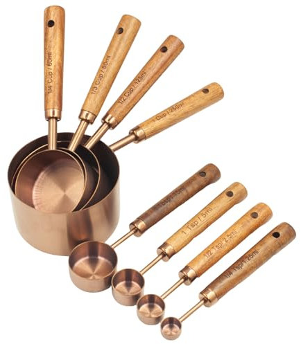 Muchtolove Measuring Cups and Spoons Set of 8, Stainless Steel Measuring Cup with Wooden Handle, Kitchen/Food/Liquid/Baking (Copper)