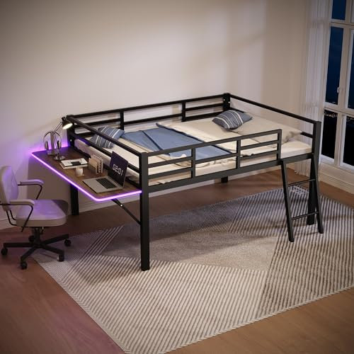 WIZBED Halbhochbett für Kinder, Metallbett mit Leiter & led Faltbare Schreibtisch & Geländer, Kinderbett mit Lattenrost, Bettgestell, für Jungen und Mädchen (Schwarz, 140x200)