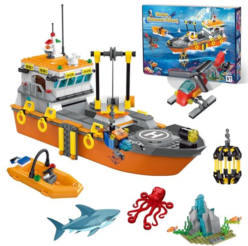 kiothdre City Forschungsschiff Baukasten mit LED Licht – Spaß Schwimmfähiges Boot Baustein Ozean Exploration mit, Hubschrauber, U-Boot, Haikäfig – Geburtstags Geschenk für Jungen Mädchen ab 6+ Jahren
