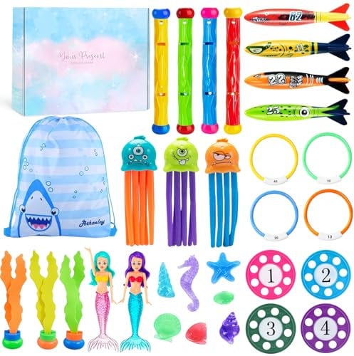 COYBTO 33 Pcs Diving Toys for Swimming Pool Set, Diving Pool Toys Comes with Storage Bag and Gift Box, Summer Swimming Playthings with Mermaids, Dive Sticks, Seagrass, for Kids