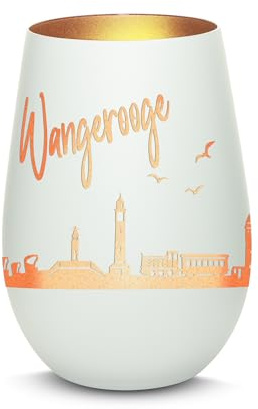 Gravur-Max Windlicht mit 360° Gravur Skyline Wangerooge Deko Glaslicht als tolles Geschenk mit Einer hochwertigen Lasergravur zu jedem Anlass in der Farbe Weiß/Bronze