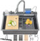 Ribanedy 90 cm Fregadero de cocina inteligente de acero inoxidable 304, fregadero en cascada moderno multifuncional con grifo integrado con pantalla digital, lavavasos y juego de accesorios