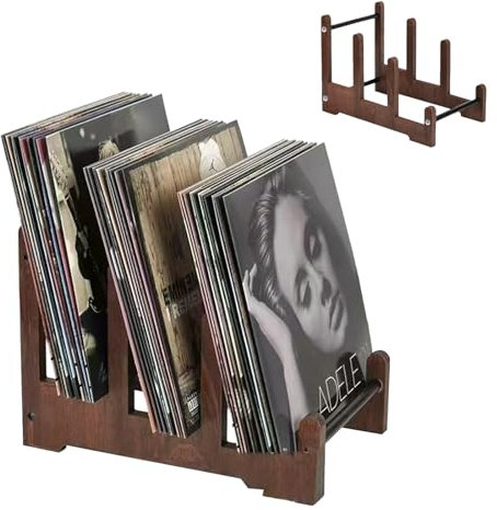 BONJUME Expositor De Discos De Madera, Soporte Para Discos De Vinilo Almacenamiento De Discos Revistas Libros Soporte Decoración De Discos Estantería Para Vinilos Portafolletos - 37x27x24cm