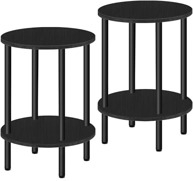 CHOEZON Side Table Set of 2, 2-Tier Round End Table, Small Nightstand with Sturdy Metal Tube, Industrial Coffee Table, for Living Room, Bedroom, Black TBZ01P2BB