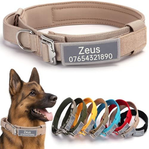 SEOUGEE Tactical Dog Collar Personalised with Handle, Soft Padded Dog Collars with Custom Reflective Name Patch, Adjustable Collars with Portable Buckle for Medium Large Dogs Training (Beige, XL)