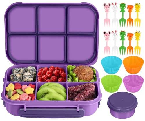 Amathley Brotdose Kinder mit FäChern,Bento Box Kinder,Brotdose Erwachsene,1200ml Lunchbox snackbox mit 6 FäChern,Saucenbehälter,10 Cartoon Bento Obstgabeln und 4 Muffinförmchen (Lila)