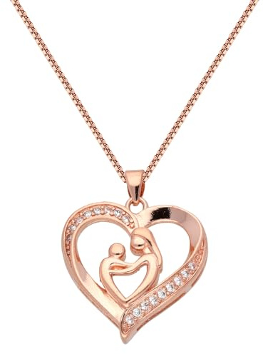 Löb 750er Roségold vergoldet Kette Mutter Kind Herz Anhänger Zirkonia Silber, Damen 18 Karat Halskette Herzanhänger Herzform Herzkette Mama Glitzer Stein