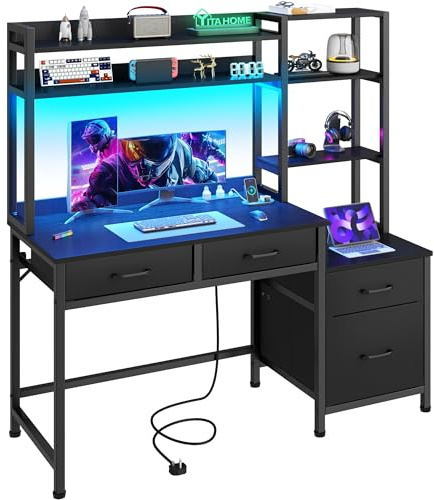 YITAHOME Computer Desk with Drawers LED Power 128cm Home Office Black | Corner desk storages & shelves, bookshelf, 4 file drawers, 2 sockets, 2 USB, 7-color RGB LED, monitor stand, study table