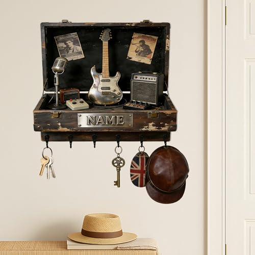 HCLRIU Porte-clés Mural Personnalisé avec Nom, Porte-clés Mural Thème Guitare électrique Personnalisé, Imprimé 2D en Acrylique, Cadeau déco pour Rock Fans, Magasin de Musique, Amateur de Musique