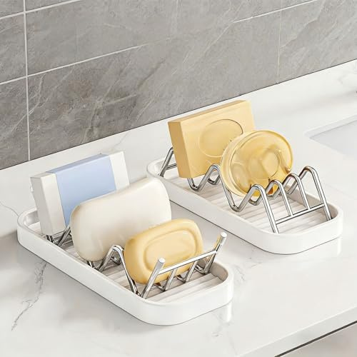 2 Pcs Shower Soap Shampoo Bar Holder, Stainless Steel Self Draining Bathroom Soap Dish Holder with Water Tray, Shower Caddy for Shampoo Bars, Conditioner Bars & Soap