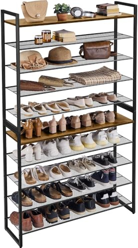 Yaheetech Schuhregal Schuhablage 10 Ebenen, verstellbares Metallgitterregal, große Oberfläche, Metallgestell, für 40-50 Paar Schuhe, Eingang, Korridor, Rustikal-Braun