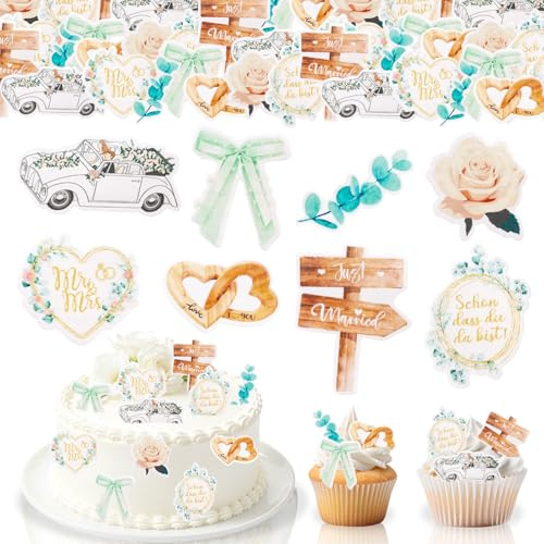 GoldRock Personalisiert Essbare Tortendeko Hochzeit,48 Stk Cake Topper Hochzeit,Mr & Mrs Deko Hochzeitstorte,Rose Herz Just Married Tortendeko,Brautpaar Esspapier Hochzeitstorte Cupcake Muffin Torten
