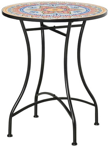 Anself Gartentisch Mosaiktisch rund Bistrotisch Beistelltisch mit Mosaikplatte Keramik Metall Rot+Blau+Weiß Ø60 cm