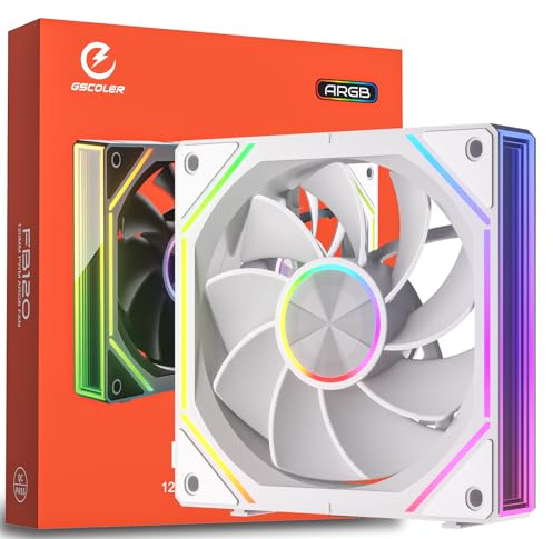 GSCOLER FB120 Ventilateur PC 120mm ARGB Reverse – Connexion Sans Fil Daisy-Chain, 800-1800 RPM PWM, Ventilateur Boîtier Silencieux pour PC Gamer avec Miroir Infini – 1 Pièce, Blanc