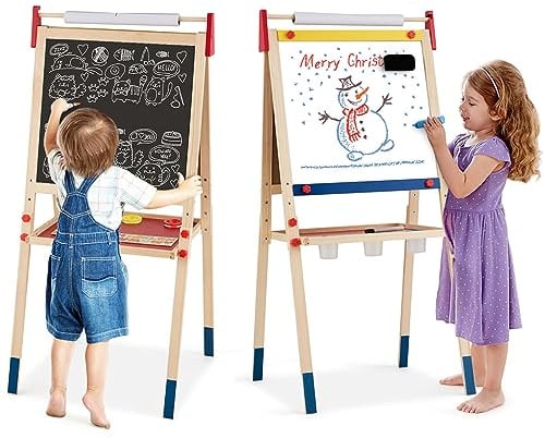 COSTWAY Cavalletto per Bambini 3 in 1, Lavagna Bifacciale, Cavalletto per Disegnare, con Rotolo di Carta, Lavagna Bianca Magnetica, Accessori Completi, in Legno (60x55x(112,5-124,5) cm)
