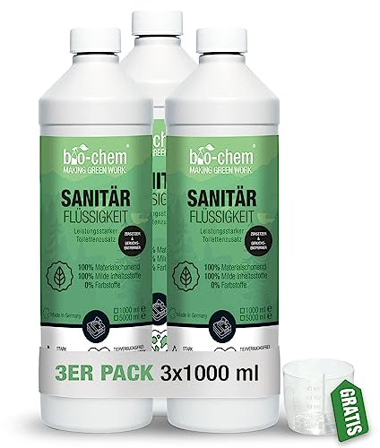 bio-chem Sanitärflüssigkeit für Campingtoilette - 3x 1 L inkl. Dosierbecher - Mikrobiologischer Toilettenzusatz hochkonzentriert - Wirkt gegen Fäkalien, Papier & Gerüche im Fäkalientank -Made in DE