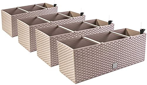 PAFEN 4X Blumenkasten Blumentopf Rattan-Optik - 60 x 25 x 24 cm - Pflanztopf Bewässerungssystem Balkonkasten Pflanzkästen, Mocca